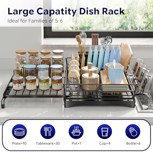 Simple Trending Dish Rack - Expandable Dish Drying Rack for Kitchen Counter, Large Capacity Dish Drainers, Stainless Steel Dish Strainer with Utensil & Cup Holders, Black