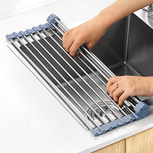 MECHEER Over The Sink Dish Drying Rack, Roll Up Dish Drying Rack Kitchen Dishes Rack Stainless Steel Sink Drying Racks, Foldable Dishes Drainer, Gray (17.5''x15.7'')