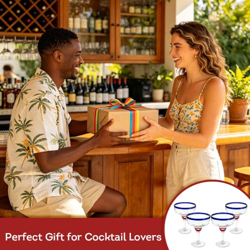 Lily's Home Unbreakable Margarita Glasses - 14 oz Shatterproof Plastic Set of 4 with Cobalt Blue Rims, Reusable Crystal Clear Stemware for Martini, Frozen Drinks, Pina Coladas & Cocktails