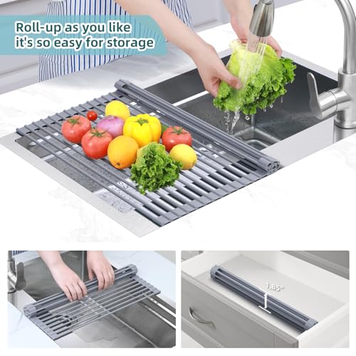 Ohuhu Over Sink Dish Drying Rack Silicone Wrapped 17.6" W x 15.4" L Large Over the Sink Roll Up Dish Drainer - Foldable Sink Drying Rack Rolling Drain Mats Anti-Slip Multipurpose for Kitchen Counter