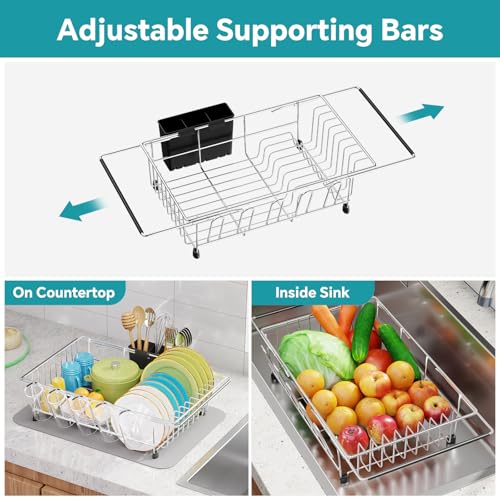 Simple Trending Adjustable Dish Drying Rack in Sink, Dish Drainers for Small Kitchen, Counter Inside Sink, Over the Sink with Utensil Holder