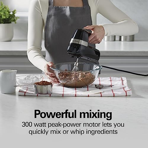 Hamilton Beach Electric Hand Mixer, 6 Speeds + Stir Button, 300 Watts of Peak Power for Powerful Mixing, Includes Whisk and Storage Clip, Black (62628)