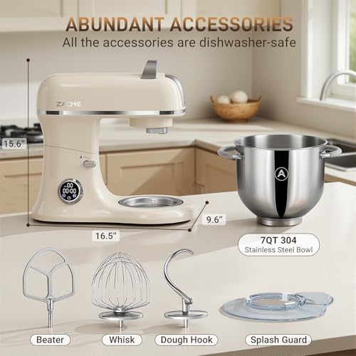 ZACME 7 Quart Stand Mixer Aluminum Die Casting, 650W 12 Speed Tilt-Head Kitchen Electric Stand Mixer, Household Food Mixer with Stainless Steel Bowl, Dough Hook, Whisk and Beater (Cream)