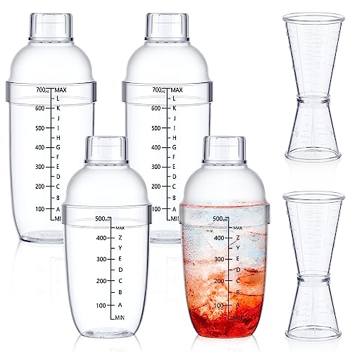 Uiifan 6 Pcs Plastic Cocktail Shaker Set 4 Pcs 17 oz 24 oz Hand Drink Mixer and 2 Ounce Cup with Measurements Mixing Tool for Bar Party Tea Coffee Milk