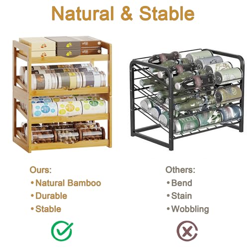BAMBANG Can Organizer for Pantry, 4 Tier Stackable Bamboo Canned Food Storage Rack, Rolling Soda Can Dispenser Holds Up to 48 Cans, Detachable Can Organizer for Cabinet, Natural