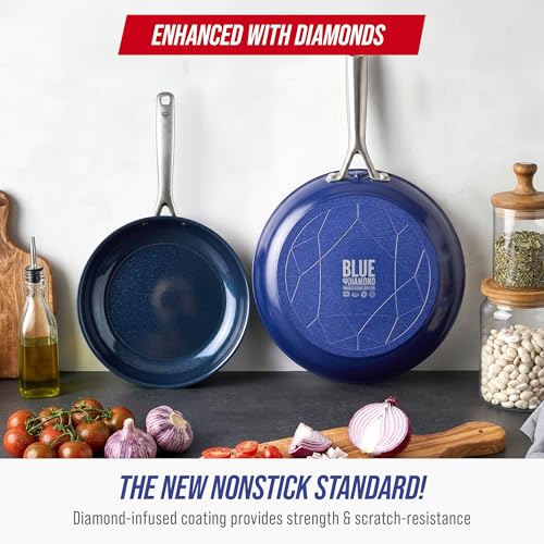 Blue Diamond 2 Piece Nonstick Frying Pan Set, 9.5” & 11" Skillets, PFAS-Free Ceramic, Dishwasher & Oven Safe, Stainless Steel Handle, Durable Metal Utensil Safe, Egg & Omelet Pans, Blue