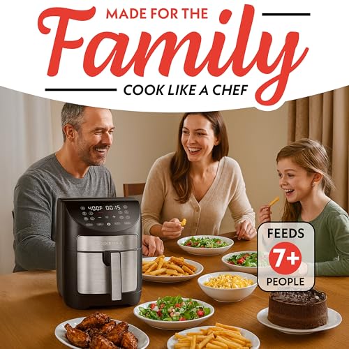 Gourmia Air Fryer - 7 Qt Large Capacity, FryForce360º, Digital Display with 10 Presets, Roast, Bake, Broil, Dehydrate, Dishwasher Safe Accessories, Black