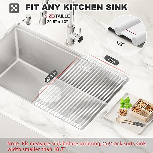 MERRYBOX Roll Up Dish Drying Rack Silicone Wrapped Over The Sink Dish Rack Foldable Dish Drainer Anti-Slip Dish Racks for Kitchen Counter, Multipurpose Kitchen Sink Drying Rack, 20.5" x 13", White