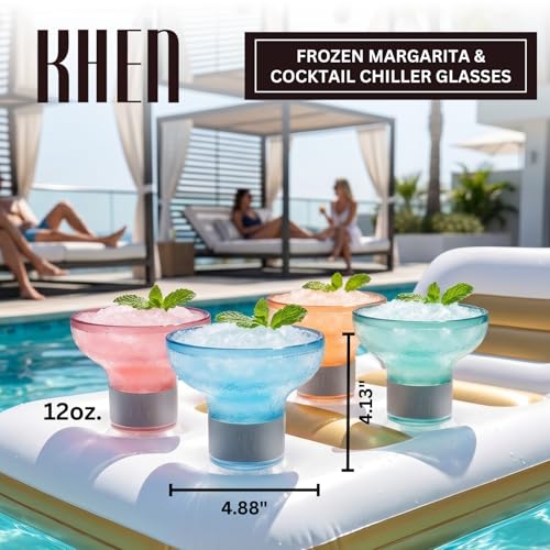 Khen Frozen Margarita & Cocktail Chiller Glasses | Set of 4 | Cooling Cups 12 OZ Unbreakable Tritan Acrylic, Double Wall Insulated to Keep Drink Cool, Freeze Gel Glass Cup, Silicone Holder