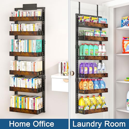 BUKFEN 6-Tier Over the Door Pantry Organizer, 2-in-1 Door Hanging or Wall Mounted Spice Rack with Adjustable Wooden Baskets, Heavy Duty Metal Storage Shelf, 12 Hooks for Kitchen, Bathroom, Closet