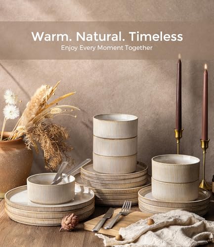 GBHOME 12-Piece Stoneware Dinnerware Set for 4 – Ribbed Ceramic Plates and Bowls, Scratch-Resistant, Microwave & Dishwasher Safe, Reactive Glaze, Cappuccino