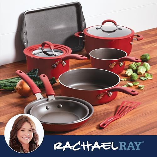 Rachael Ray Cook + Create Aluminum Nonstick Cookware Set, 10-Piece, Red
