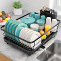 Sakugi Dish Drying Rack - Stainless Steel Dish Rack with Drainboard for Kitchen Counter and Sink, 15.6" D x 12" W x 5" H, Black