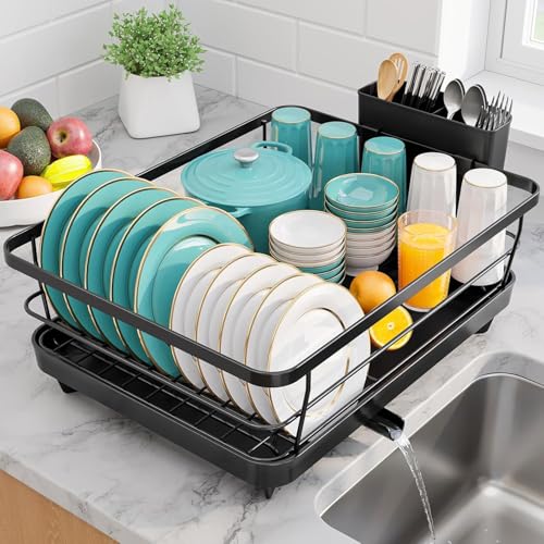 Sakugi Dish Drying Rack - Stainless Steel Dish Rack with Drainboard for Kitchen Counter and Sink, 15.6" D x 12" W x 5" H, Black