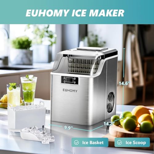 EUHOMY Ice Cube Maker Machine Countertop, 2 Ways to Add Water, 45Lbs/Day 24 Pcs Ready in 13 Mins, Auto-Cleaning Portable Compact, with Ice Scoop & Basket, Perfect for Home/Kitchen/Office/Bar (Silver)