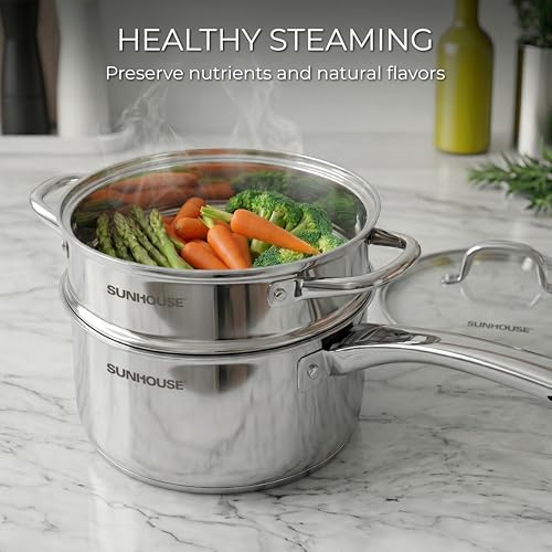 SUNHOUSE 2 QT Stainless Steel Saucepan with Lid and Steamer Basket Insert