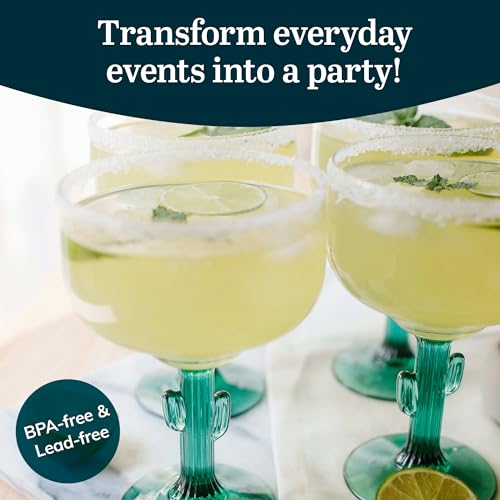 Libbey 3620JS Cactus Margarita Glasses Set of 4, Durable Green Stemmed Cocktail Glasses, 16 Oz Clear Bowl Lead-Free Cactus Glassware