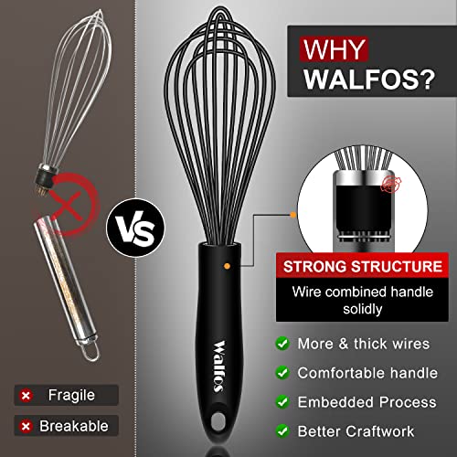 Walfos Silicone Whisk,Stainless Steel Wire Whisk Set of 3 -Heat Resistant 480°F Kitchen Whisks for Non-stick Cookware,Balloon Egg Beater Perfect for Blending,Whisking,Beating,Frothing & Stirring,Black