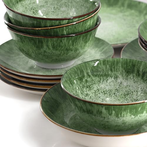 Elama Oceanus 16 Piece Round Shape Porcelain Double Bowl Dinnerware Set, Tableware Set, Table Setting- Service for 4 (Green)