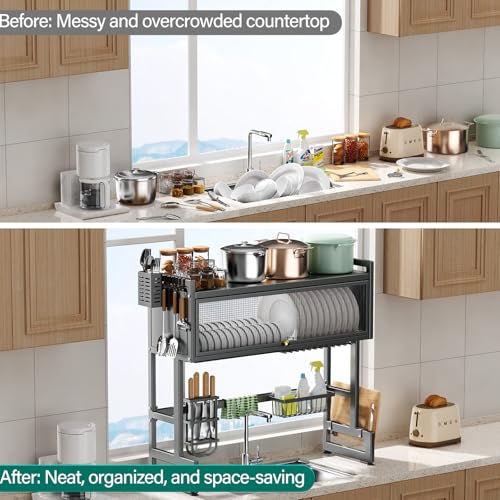CUISIBOT Over the Sink Dish Drying Rack 3 Tier with Dustproof Flip-Up Cover
