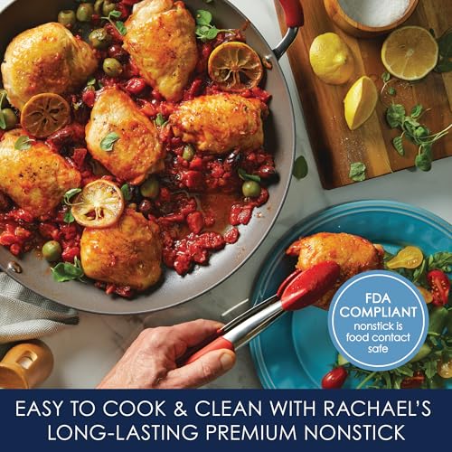 Rachael Ray Cucina Hard-Anodized Nonstick Frying Pan, Gray with Cranberry Red Handles, 14 Inch Pan
