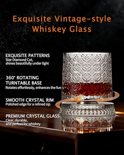 CEEFU Old Fashioned Whiskey Glasses with 360° Rotating Base, Set of 2 (2 Crystal Glasses Set, 2 Big Ice Ball Molds) In Gift Box - Bourbon, Cocktail, Rocks, Bday Gifts Ideas for Men, Snowflake Pattern