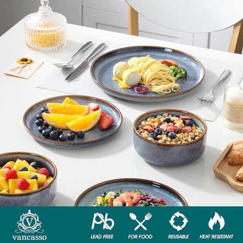 vancasso PLAYA Plates and Bowls Sets, 12 Pieces Grey-Blue Dinnerware Sets for Kitchen, Reactive Glaze Dishes Set for 4, Dishwasher and Microwave Safe