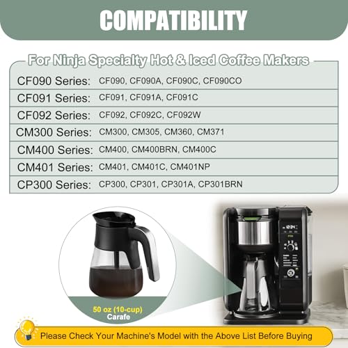 WSEYU 10-Cup Glass Carafe Replacement Compatible with Ninja CM401 CM371 CP301 Specialty Hot & Iced Coffee Makers, Replacement 50 oz Coffee Pot with Brew-Through Lid for Ninja CM300 CM400 CP300 CF091