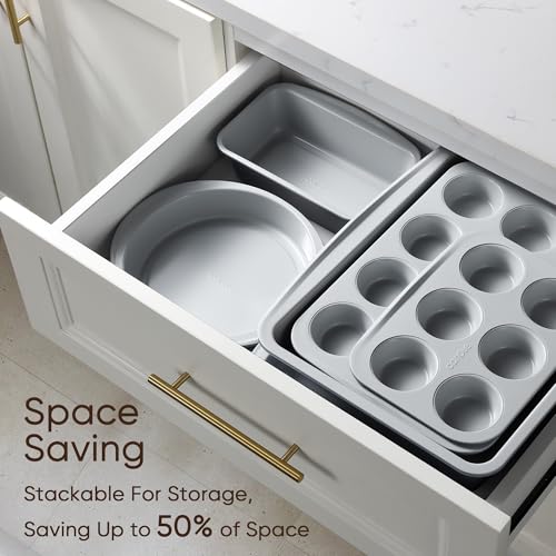 CAROTE 7-Piece Nonstick Stackable Baking Pans Set - Bakeware Sets Including Cookie Sheets for Baking, Muffin Pan, Bread Pan, Cake pan, Loaf Pan, Roasting Pan, Gray & Blue