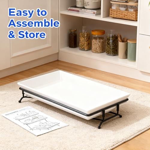 Farielyn-X 3 Tier Serving Tray, 12" White Plastic Tiered Food Serving Platters, Reusable Tray Stand Black Collapsible Metal Stand with Stable Cross Bars, Party Display Stands for Veggie Fruit, Dessert
