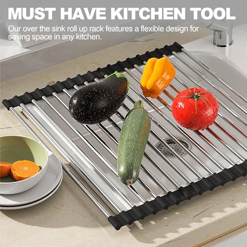 NEZUIBAN Dish Drying Rack with Roll Up and Over Sink for Kitchen,17.5"x15.7",Black