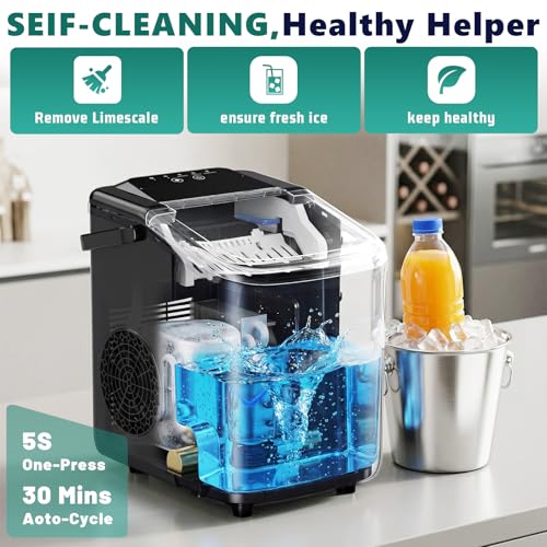 Sweetcrispy Countertop Ice Maker with Scoop, Basket and Handle, Portable Ice Machine 9 Cubes Ready in 6 Mins, 26.5lbs in 24Hrs, 2 Sizes for Home Kitchen Office Bar Party