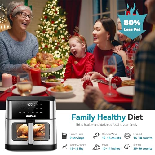 DEIME Air Fryer 10.2 QT, 1700W Large Capacity with 10 Preset, Visual Cooking Window, Non-Stick Basket, Recipe Included (Silver)