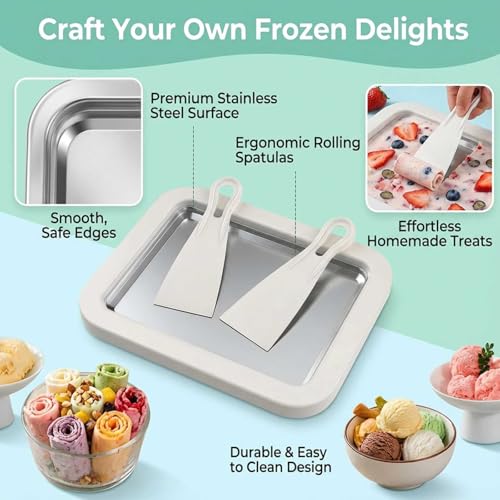Rolled Ice Cream Maker Kit, DIY Ice Cream Roll Tray with 2 Scrapers, No Electricity Required, Stainless Steel Freezing Plate for Rolled Ice Cream, Frozen Yogurt, Sorbet (White)