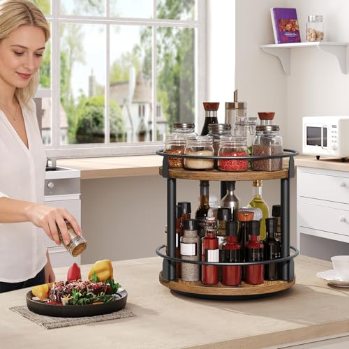 YATINEY Lazy Susan Organizer, Rotating Spice Rack, 2 Tier Spice Turntable Organizer, Industrial Turntable Spice Holder, for Kitchen Countertop and Cabinet, Compact and Versatile, Rustic Brown SR22BR
