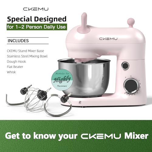 CKEMU Stand Mixer, Compact & Space-Saving, Stainless Steel Bowl, Unique & Playful Design, Effcient 300W Motor, Dishwasher-Safe Attachments, SM-2549A (Pink)