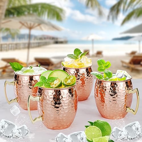 Amrules Moscow Mule Mugs Set of 4, 16 OZ Hammered Copper Cups with 304 Stainless Steel Lining and Gold Brass Handles, for Cold Drinks, Beer, Wine, Bars, Parties