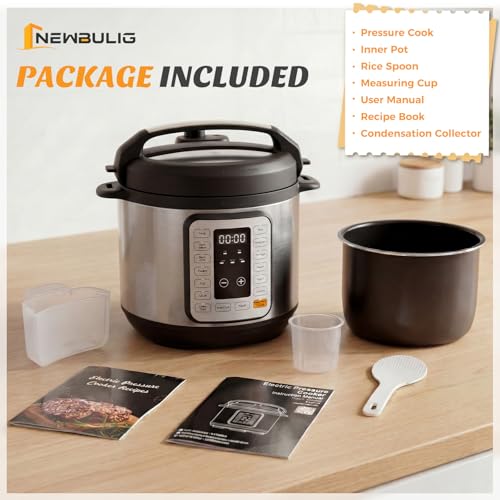 NEWBULIG 16-in-1 Electric Pressure Cooker, 6QT Multi Cooker with 12 Presets, Slow Cook Rice Steamer Sauté Soup Meat Stew Canning Yogurt Maker, Ceramic Inner Pot & Recipe Book Included, Silver