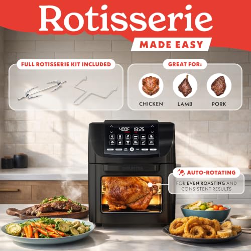 Gourmia Air Fryer - 14 Qt All-in-One Oven with Rotisserie, Digital Display with 12 Presets, Roast, Bake, Broil, Dehydrate, Dishwasher Safe Accessories, Black