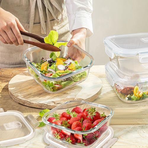 Susukkie Square Glass Containers with Lids 3 Cup/24 oz, 4 Pack