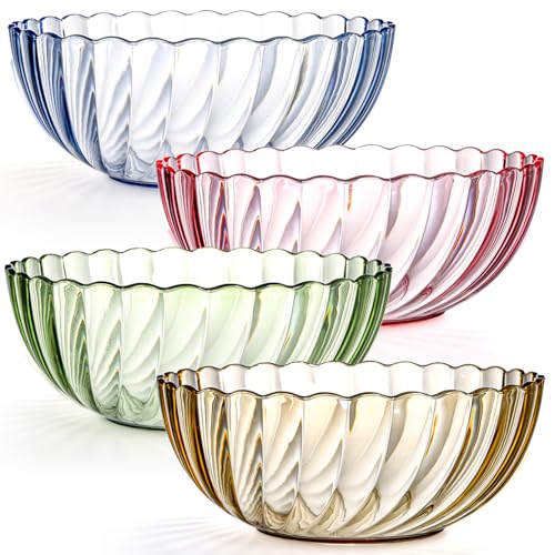 Fasmov 4 Pack Plastic Serving Bowls, Plastic Salad Mixing Bowls, 74oz Break Resistant Plastic Bowls for Salad, Fruit, Popcorn, Chip and Dip, Multicolor