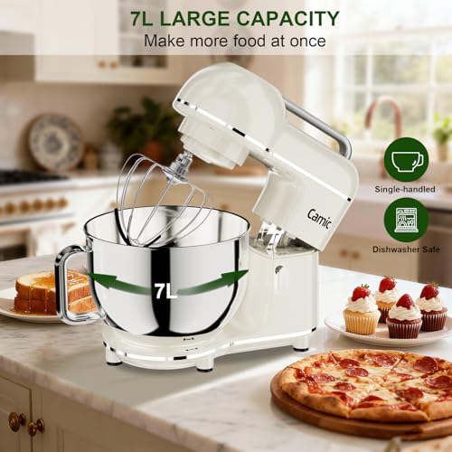 Camic Electric Stand Mixer,7.45 QT,10 Speeds with Dough Hook,Whisk, Flat Beater Attachments, Splash Guard, Easy-Carry Top Handle,3-IN-1 Kitchen Mixer for Baking Cakes Cookie Bread Salad (White)