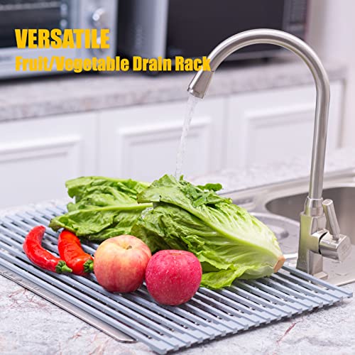 Mistifi Silicone-Coated Stainless Steel Over The Sink Multipurpose Roll-Up Dish Drying Rack, 20.8"X13.2", Heat Resistant Non Slip Dish Draining Rack BPA Free Dishwasher Safe (L, Gray)