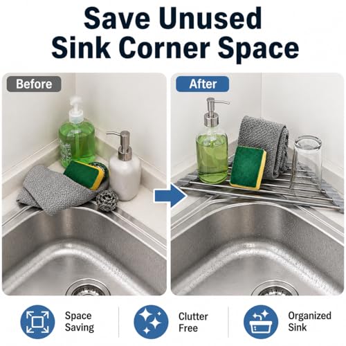 ERIUZB Triangle Roll Up Dish Drying Rack Over Sink, Silicone Wrapped Anti Slip Sink Organizer, Rust Proof Corner Dish Rack, Foldable Heat Resistant Kitchen Sink Organizer for Small Kitchens
