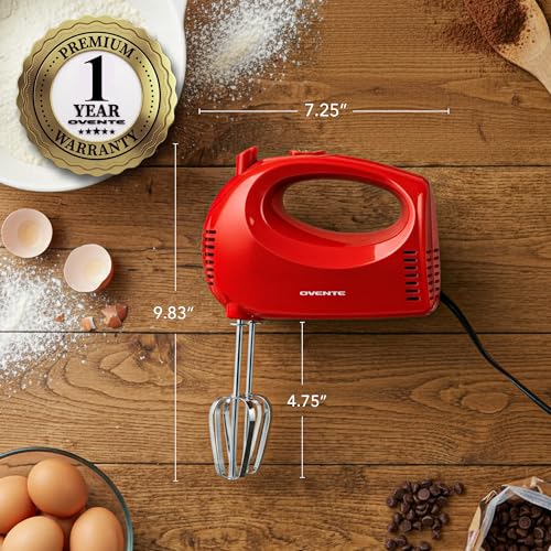 OVENTE 5-Speed Electric Hand Mixer with Storage Case,150W, Red HM151R