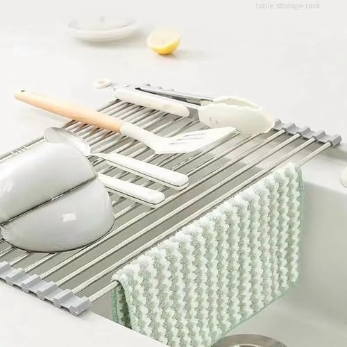 Over-The-Sink Roll Up Dish Drying Rack, 18.5" x 13.5" Foldable Stainless Steel Dish Drainer Mat, Sink Cover & Heat-Resistant Kitchen Organizer (Grey)