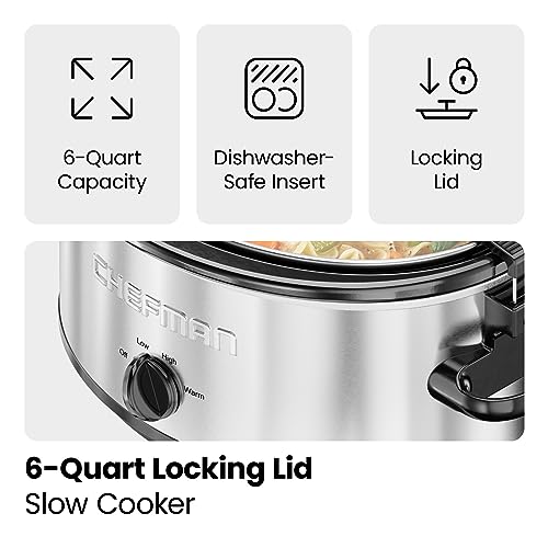 Chefman 6 Quart Slow Cooker with Locking Lid, Ceramic Crock with Portable Cook and Carry Travel Latching Lock, Large Easy Clean Dishwasher Safe Pot Insert, Manual 3 Heat Settings, Stainless Steel
