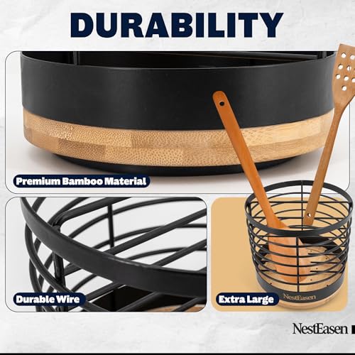 NestEasen Utensil Holder for Kitchen Counter - Rotating Utensil Holder for Countertop, Wooden Steel Spatula Holder Organizer, Large Decor Caddy for Kitchen Utensils and Cooking Spoon Container