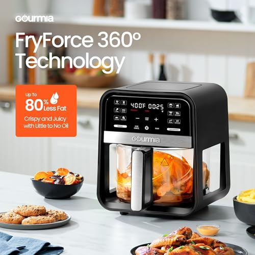 Gourmias 7-Quart Digital Air Fryer With Glass Basket, 12 One-Touch Presets, Oil-Free Crisp Technology, Touchscreen, Easy Clean, Large Family Capacity, Black