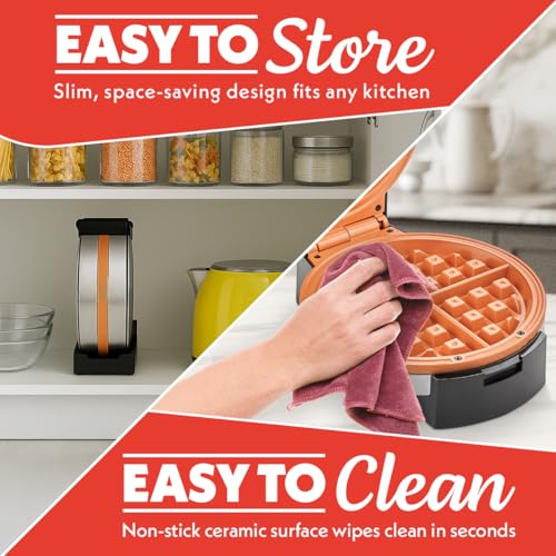 Gourmia Belgian Waffle Maker – Compact Design with Upright Storage, Adjustable Browning, and Easy-Clean Nonstick Ceramic Plates, Stainless Steel